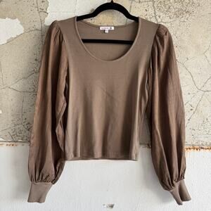 Sundry Rib Knit Puff Shoulder Long Sleeve Top Mocha Brown Scoop Neck USA Made